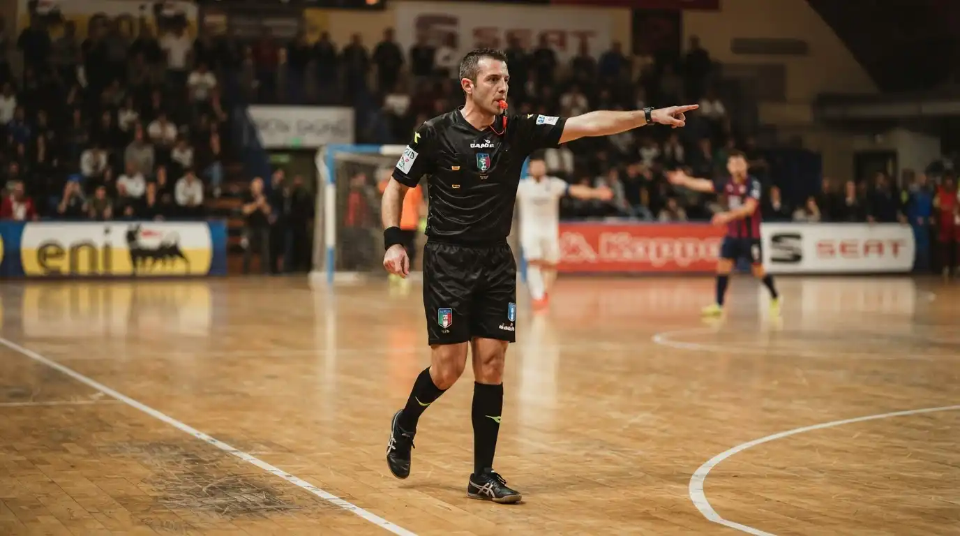 Arbitro segnala un fallo durante una partita di calcio a 5 indoor