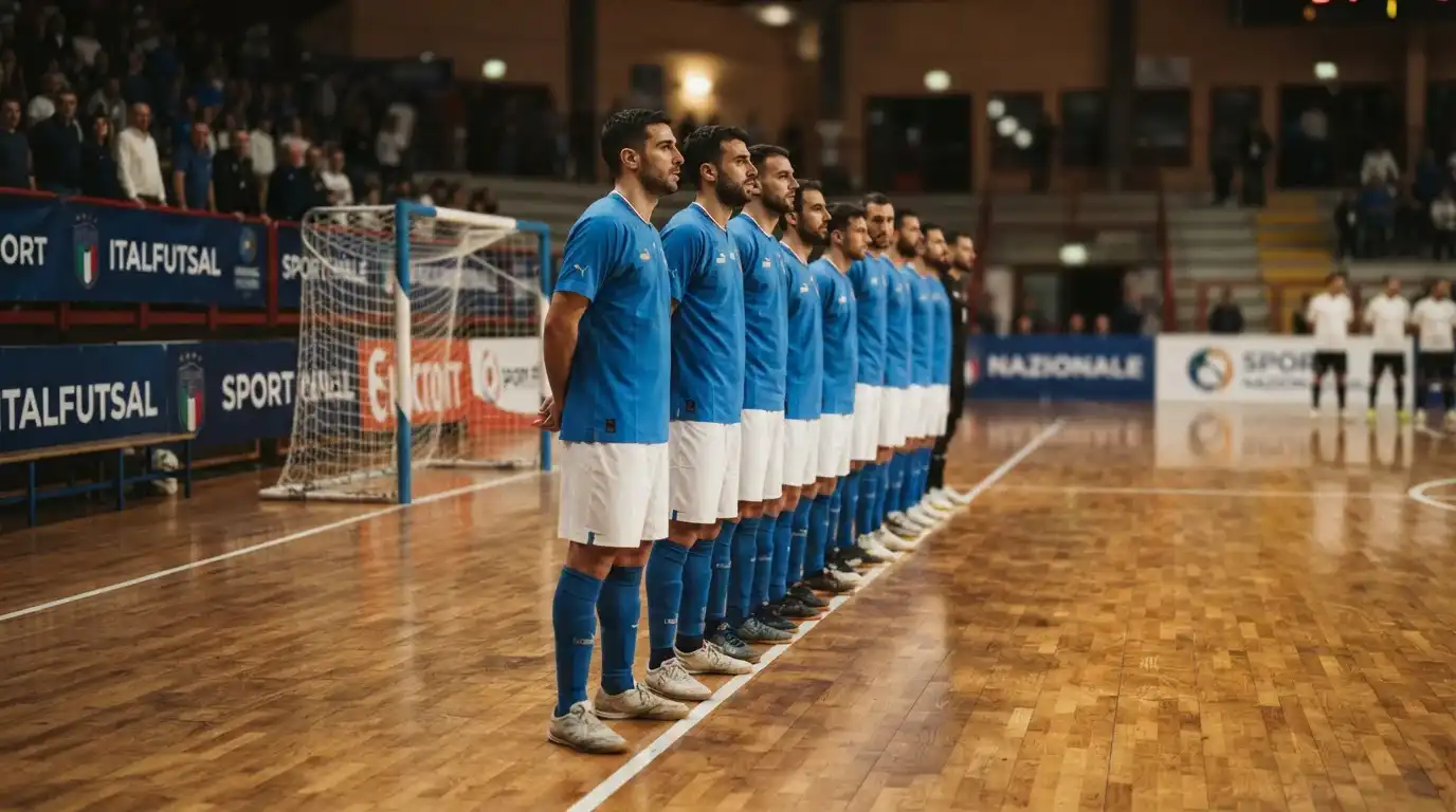 Giocatori della Nazionale italiana di calcio a 5 schierati sul parquet
