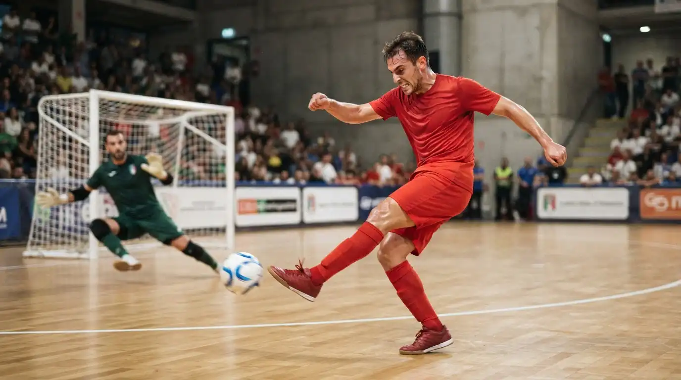 Pivot di calcio a 5 in fase di tiro verso la piccola porta da futsal